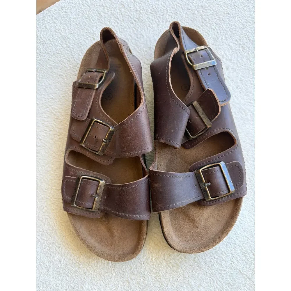 American Eagle Fisherman Sandals Brown Leather 9 Buckle Made in Italy Slingback
